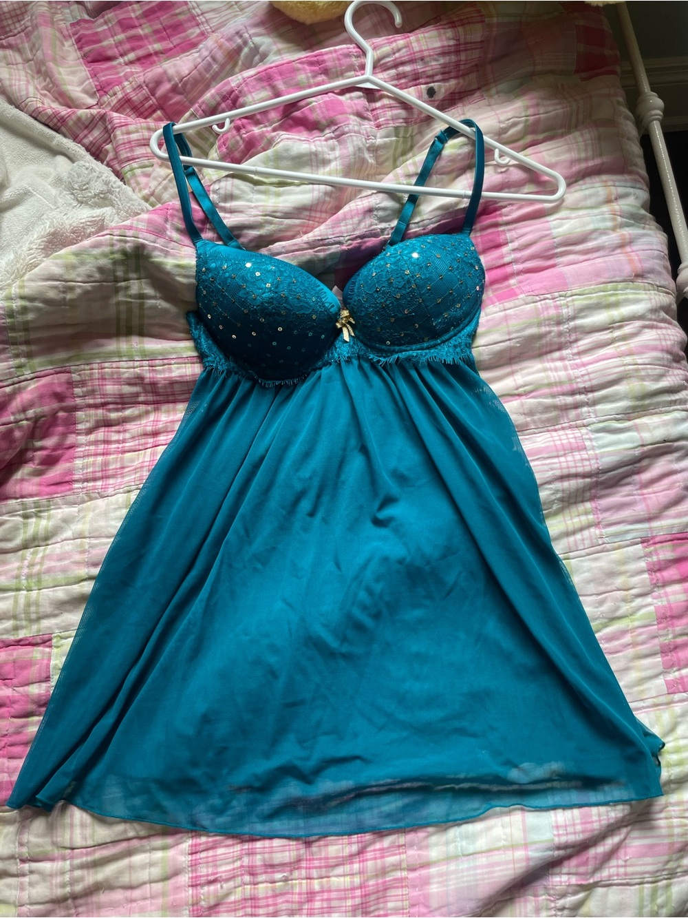 🩵 | La Vie en Rose Teal Sequin Sheer Push-Up Lingerie Babydoll — Small